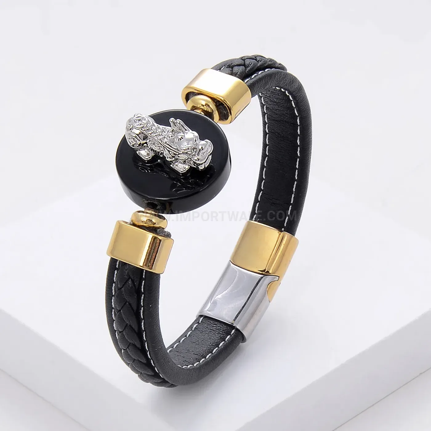 Vintage Braided Leather Pixiu Natural Stone Bracelet With Stainless Steel Clasp