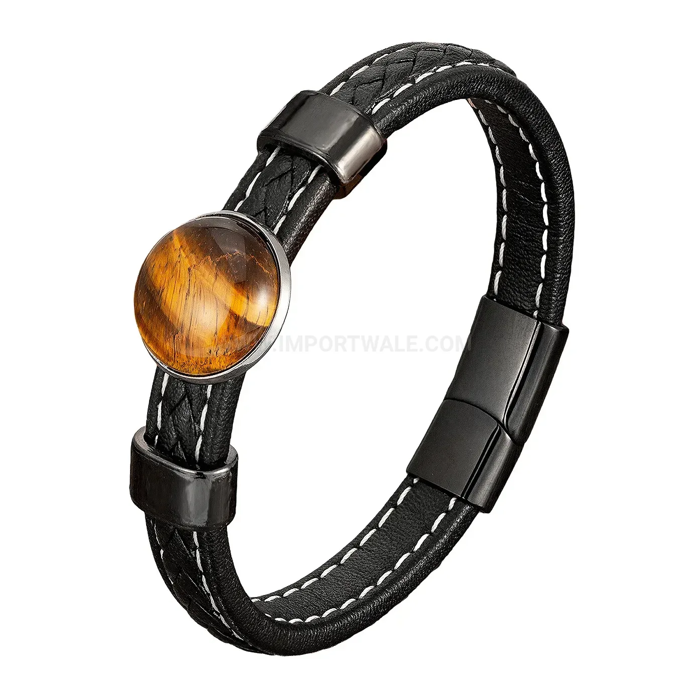 Handcrafted Woven Leather Bracelet with Natural Stone and Stainless Steel Clasp