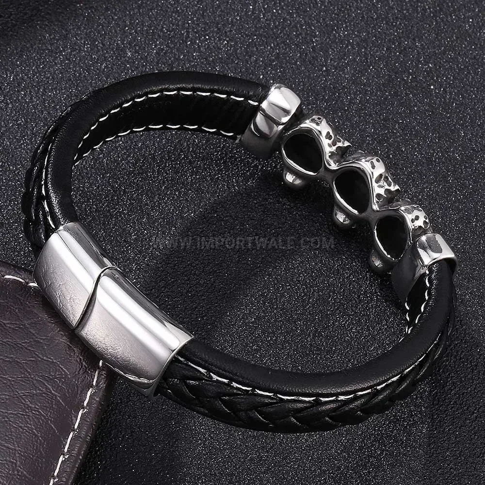 Classic Leopard Accent Leather Bracelet with Stainless Steel Magnetic Clasp