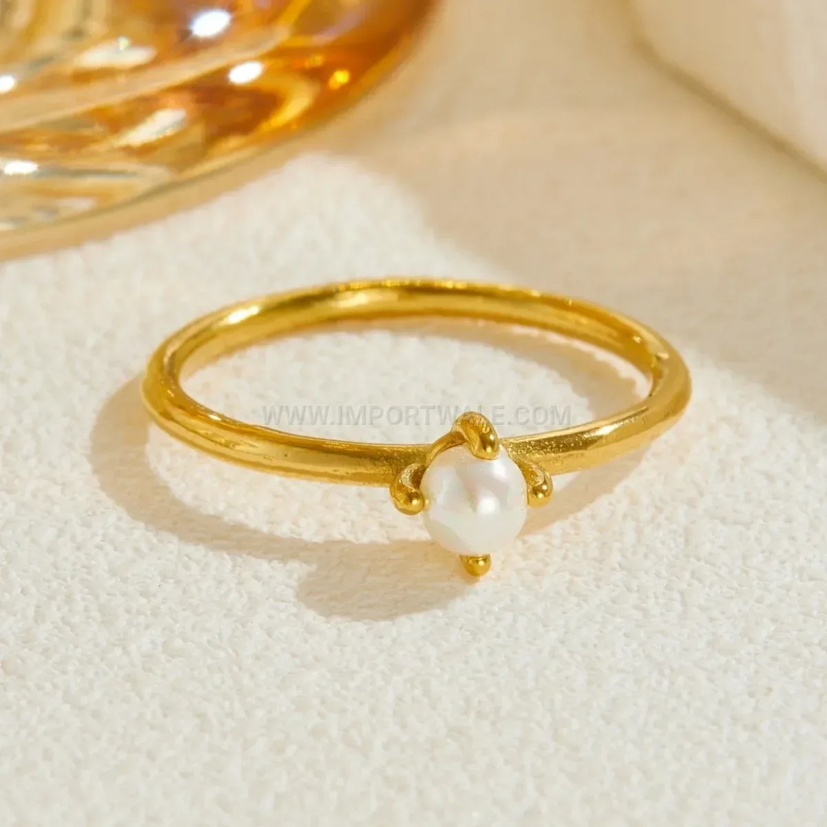 Solitaire Faux Pearl Plated Stainless Steel Minimalist Ring