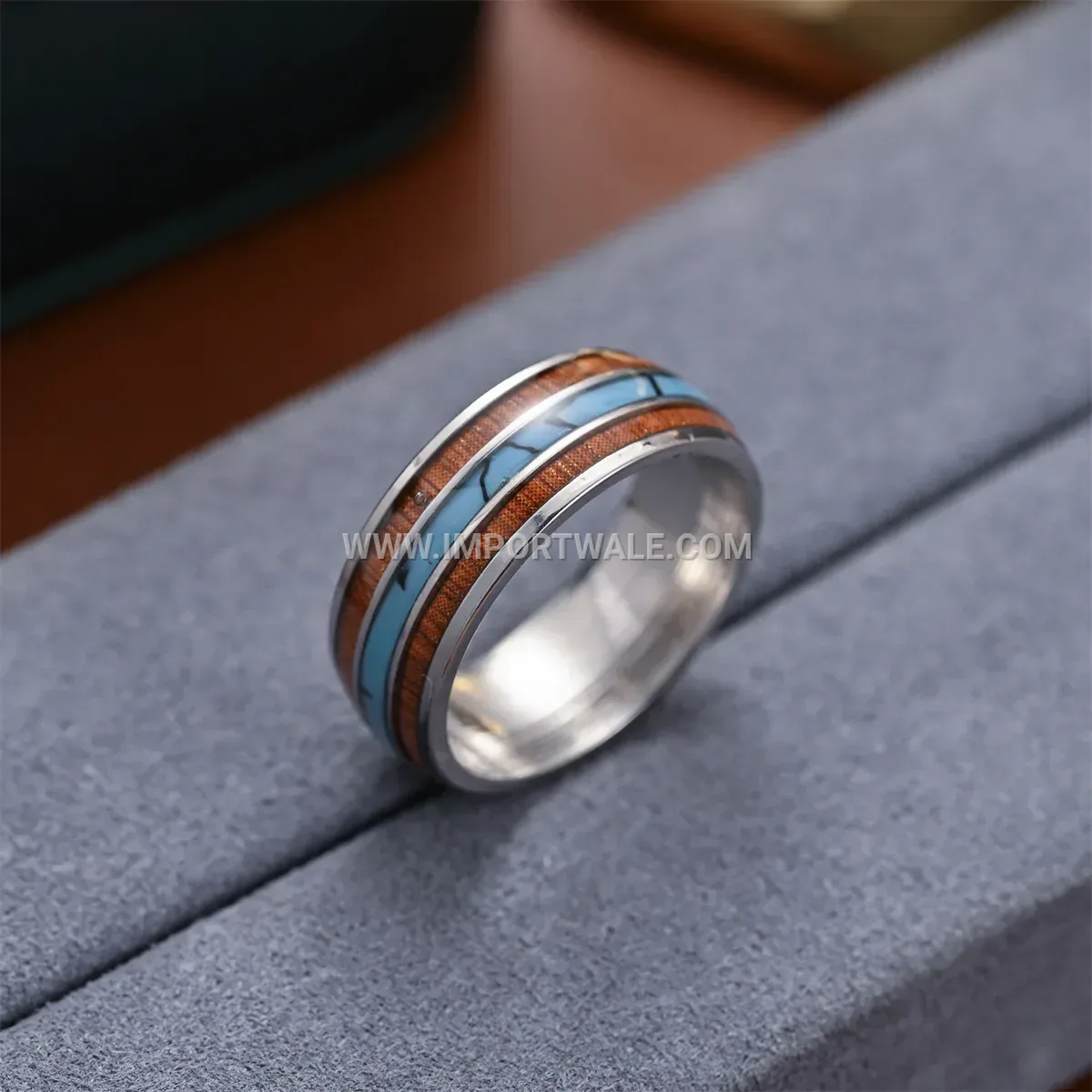 Turquoise and Acacia Wood Inlay Stainless Steel Ring