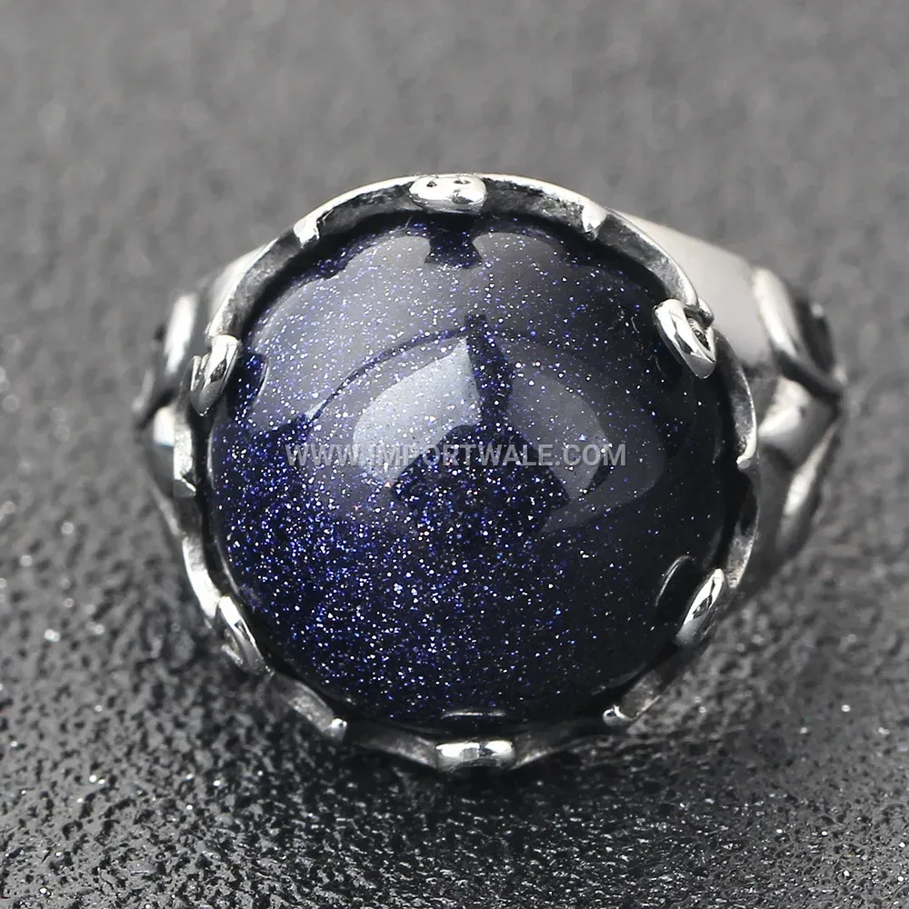 Vintage Titanium Steel Ring with Blue Sandstone Inlay