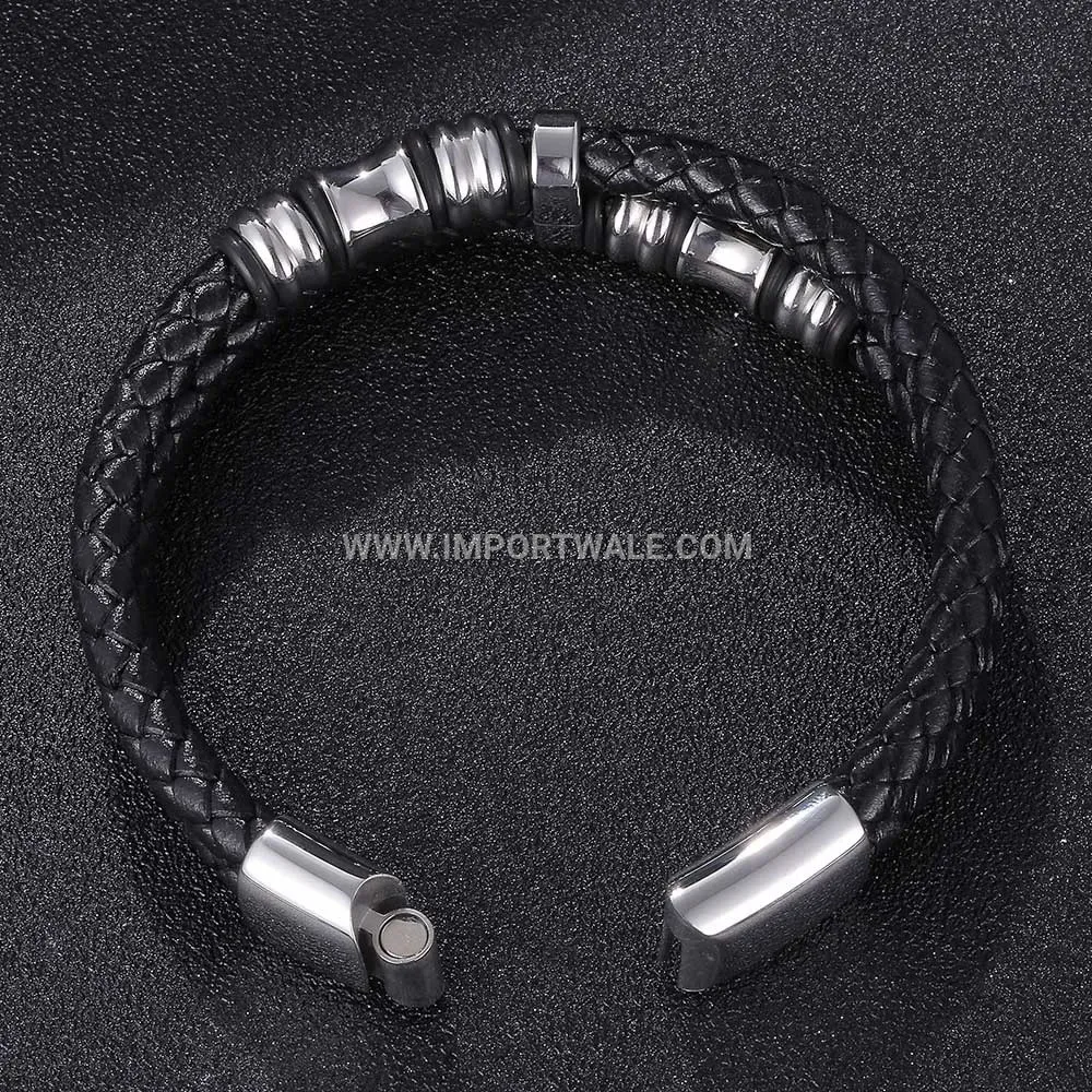 Double-Layer Braided Leather Bracelet with Stainless Steel Magnetic Clasp