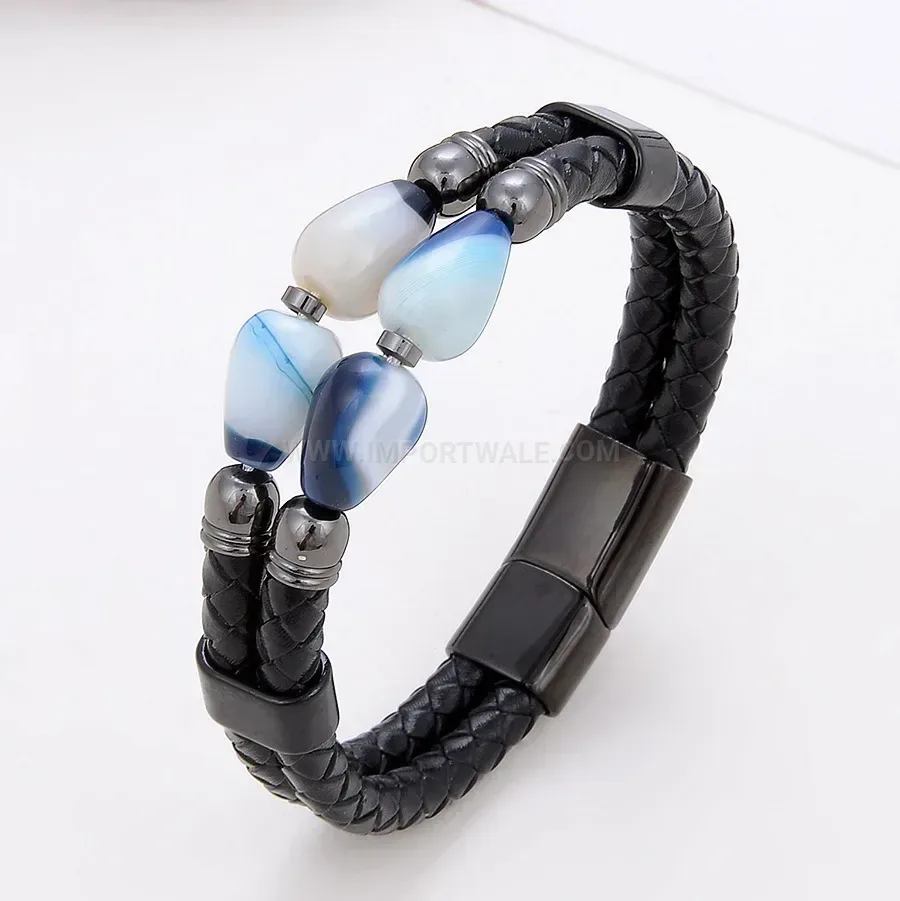 Double-Layer Woven Leather Stone Bracelet with Steel Buckle