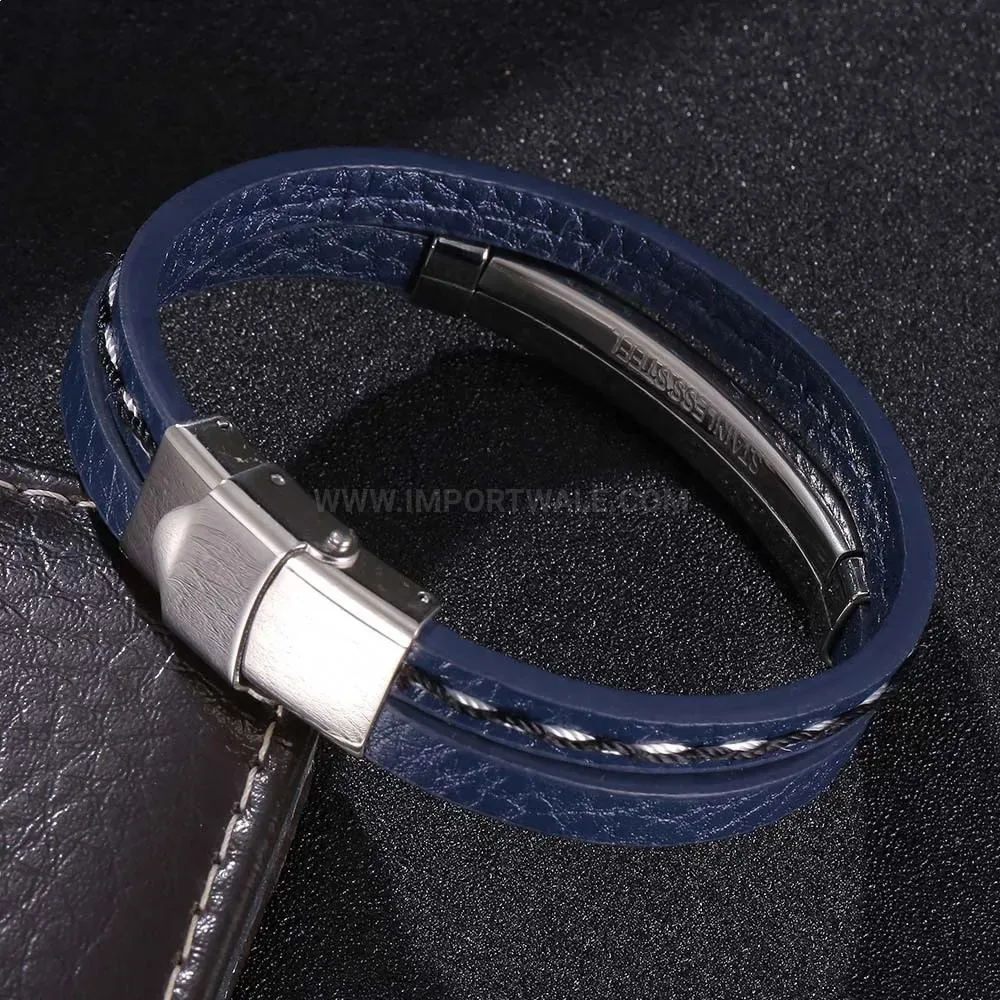 Braided Blue Leather Stainless Steel Engravable Wristband