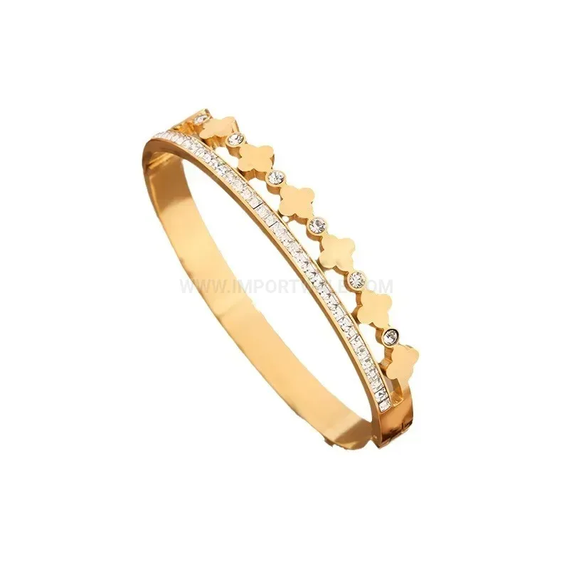Four Leaf Clover Pave Open Bangle Bracelet