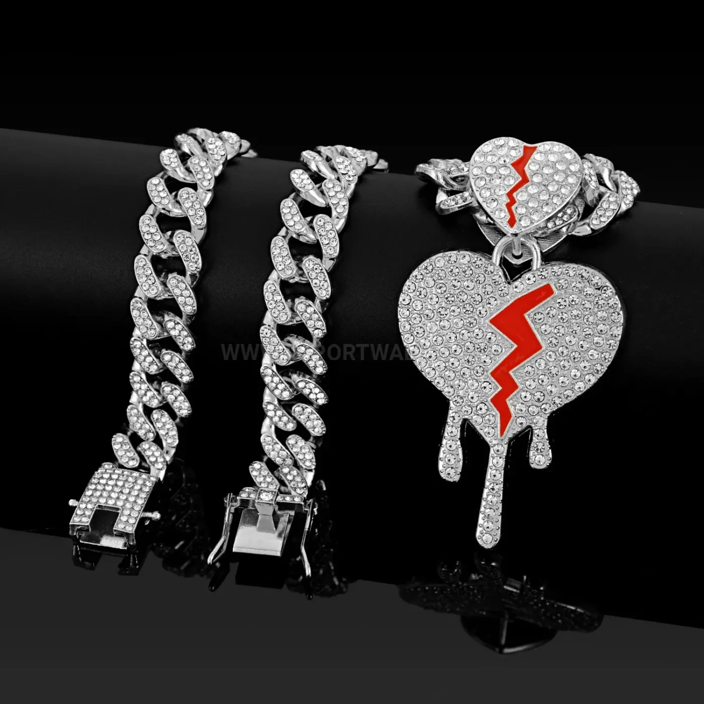 Bold Broken Heart Zinc Alloy Pendant Necklace with Cuban Chain