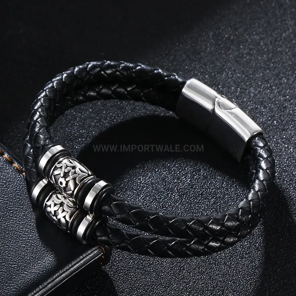 Multi Layer Woven Leather Stainless Steel Mens Bracelet