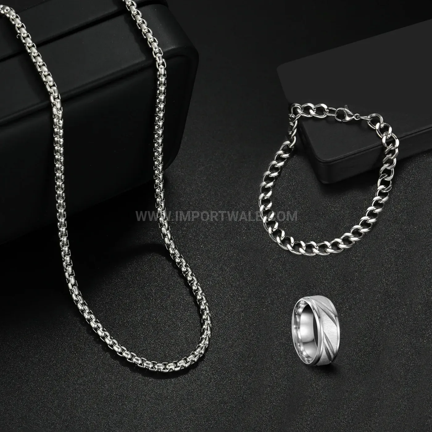 Men Stainless Steel Cuban Link Chain Bracelet and Ring Set