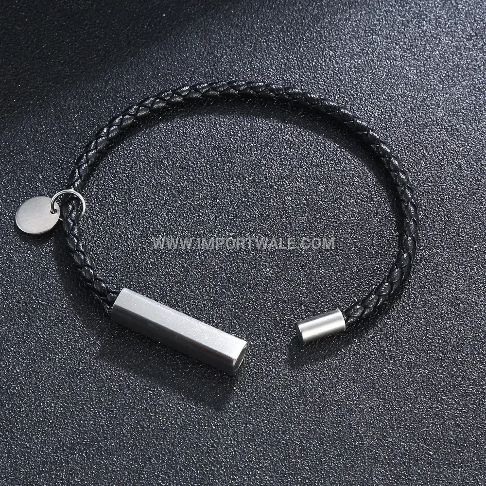 Woven Leather Cord Bracelet with Brushed Stainless Steel Accents