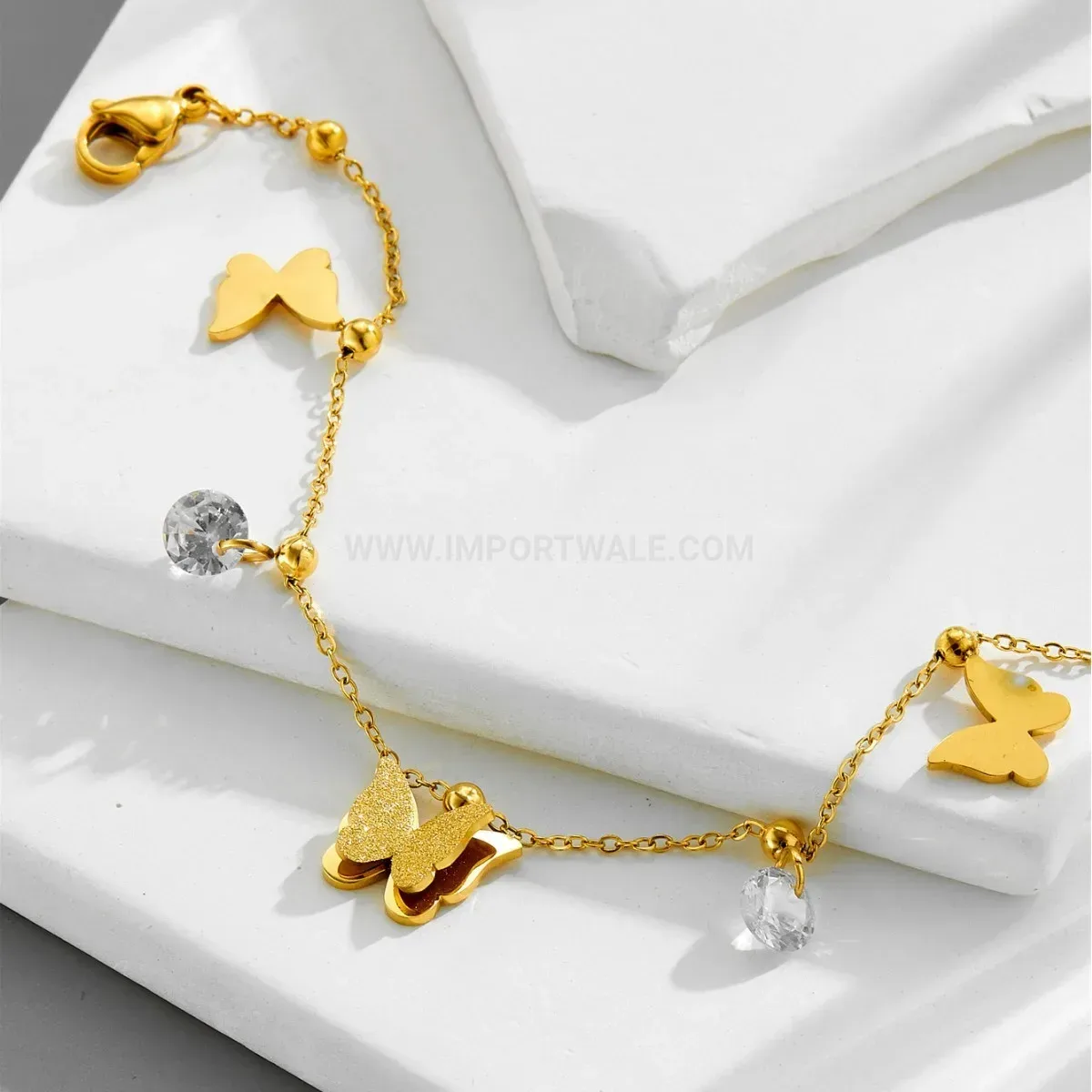 Frosted Sparkling Zircon Butterfly Gold Stainless Steel Chain Bracelet