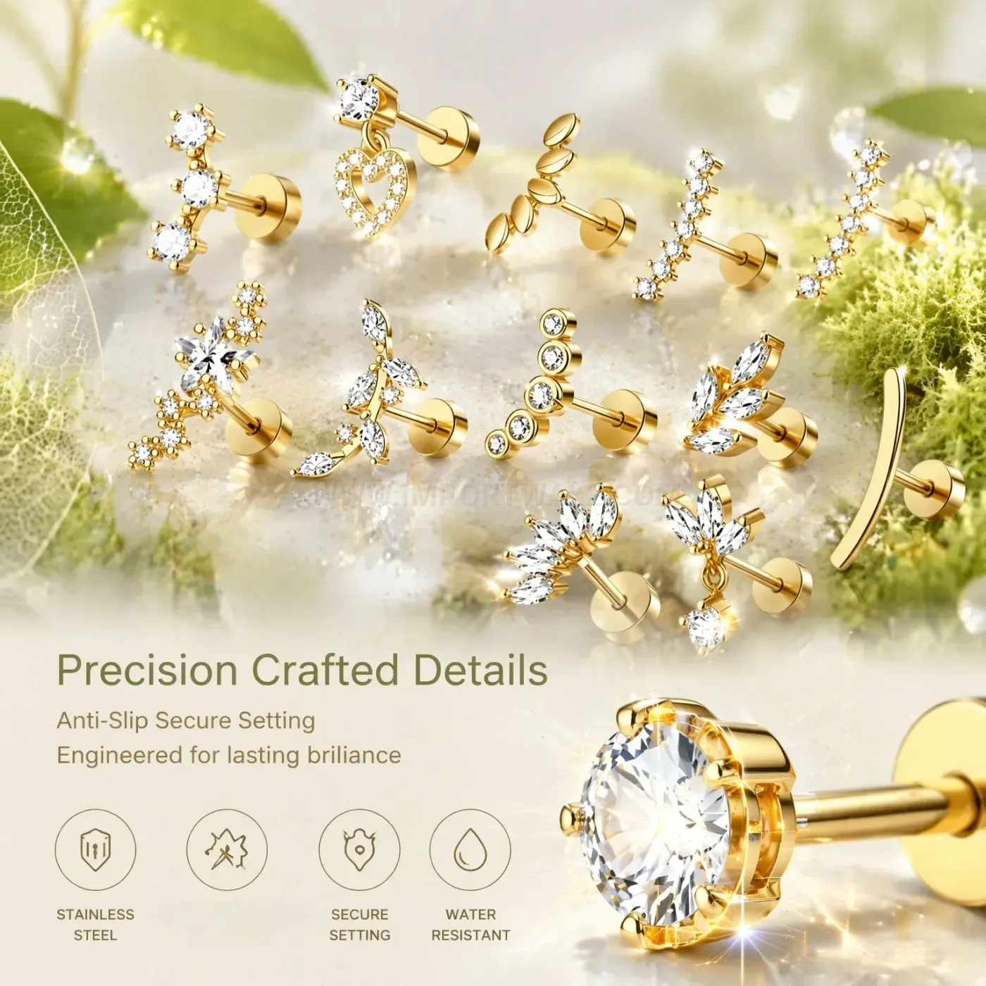 Fashion Zircon Heart Flat Back Stainless Steel Ear Cartilage Stud