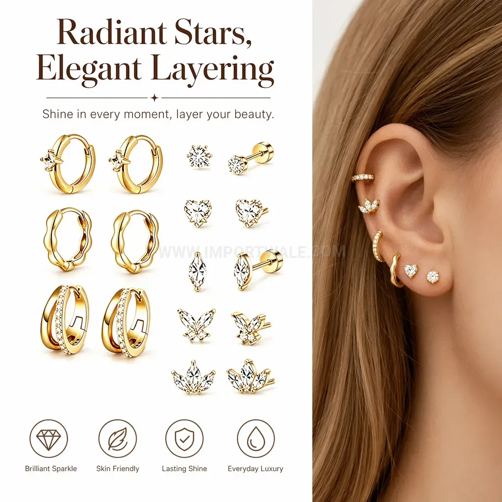 Stylish Stainless Steel Rhinestone Wave Heart Butterfly Stud Earring Set