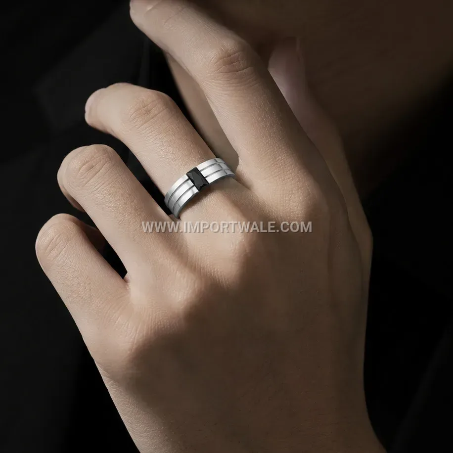 Geometric Stainless Steel Band Ring with Cubic Zirconia Accent