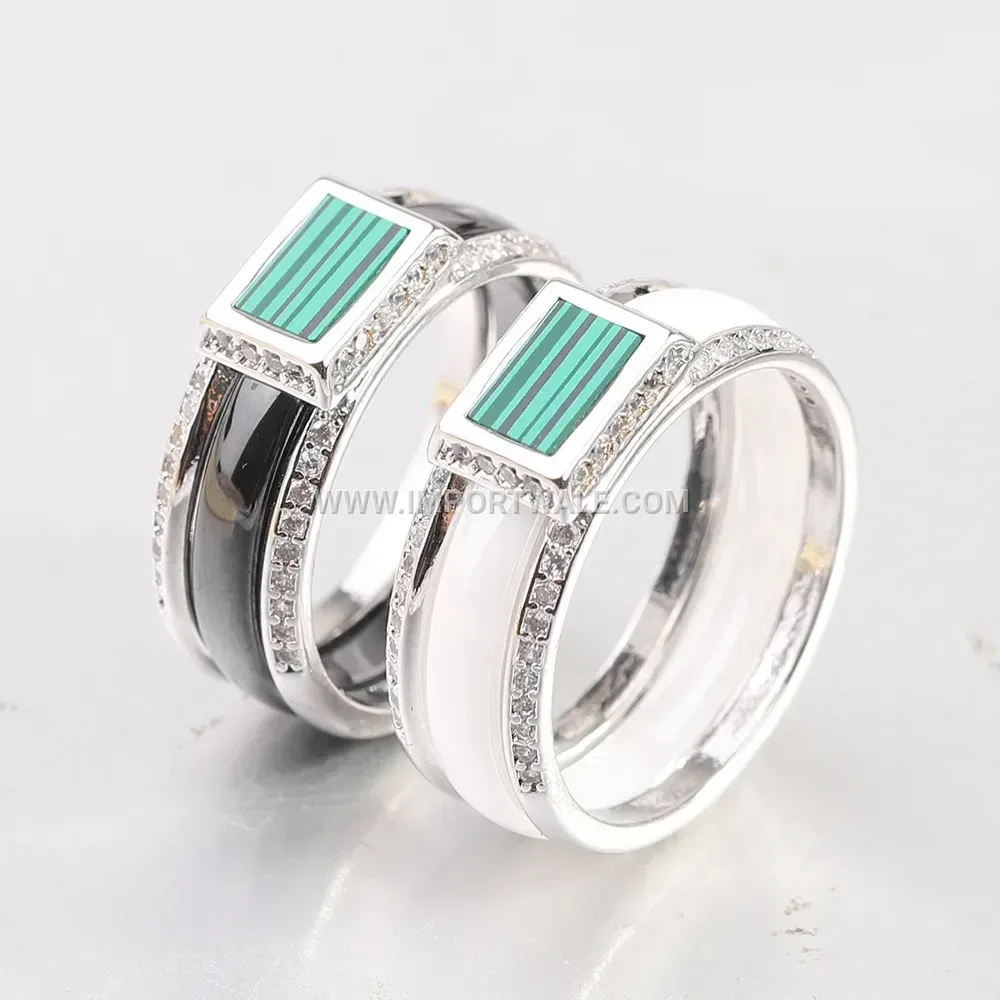 Crystal Inlaid Smooth Ceramic Band Ring
