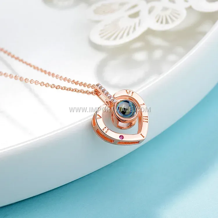 Romantic Heart Crystal Projection Pendant Stainless Steel Link Chain Necklace