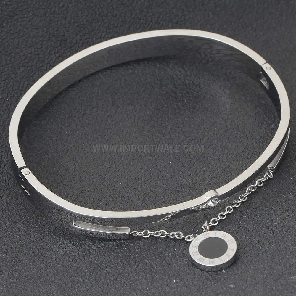 Trendy Roman Numeral Shell Inlaid Stainless Steel Bangle Bracelet