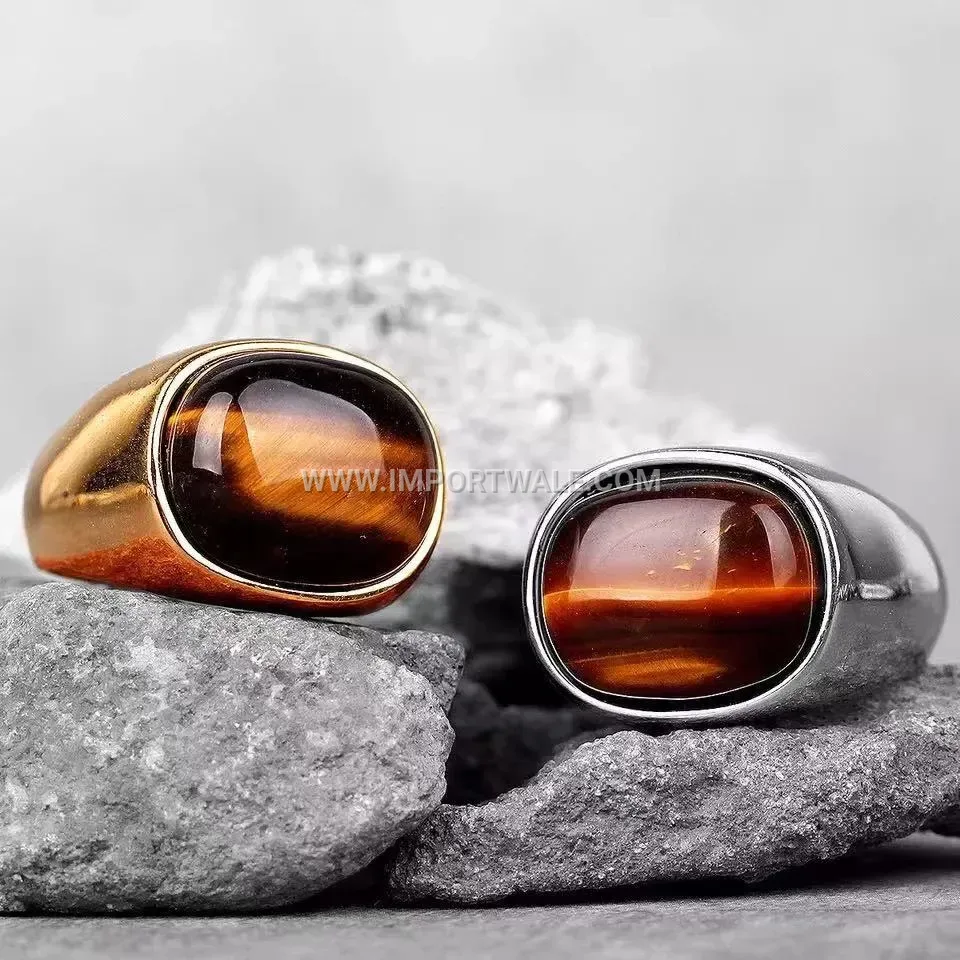 Men Minimalist Tiger Eye Stainless Steel Band Ring