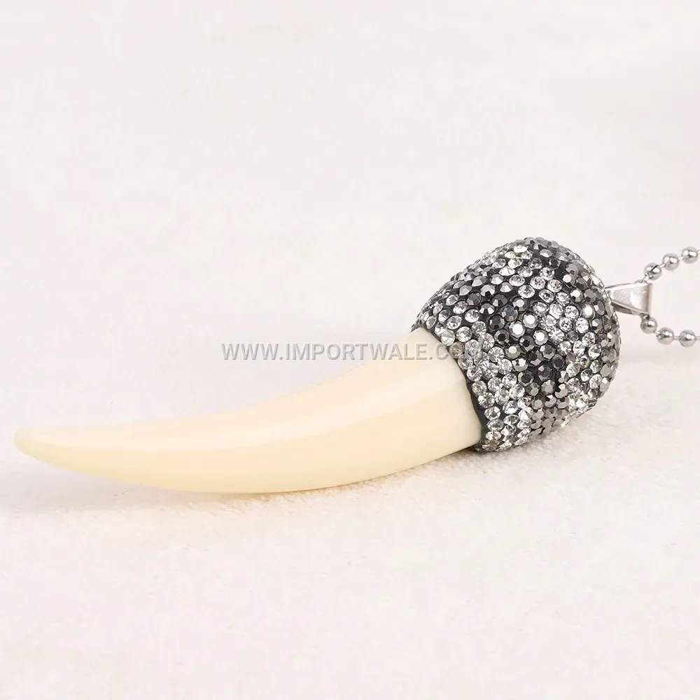 Vintage Faux Ivory Fang Pendant Resin Sweater Chain Necklace