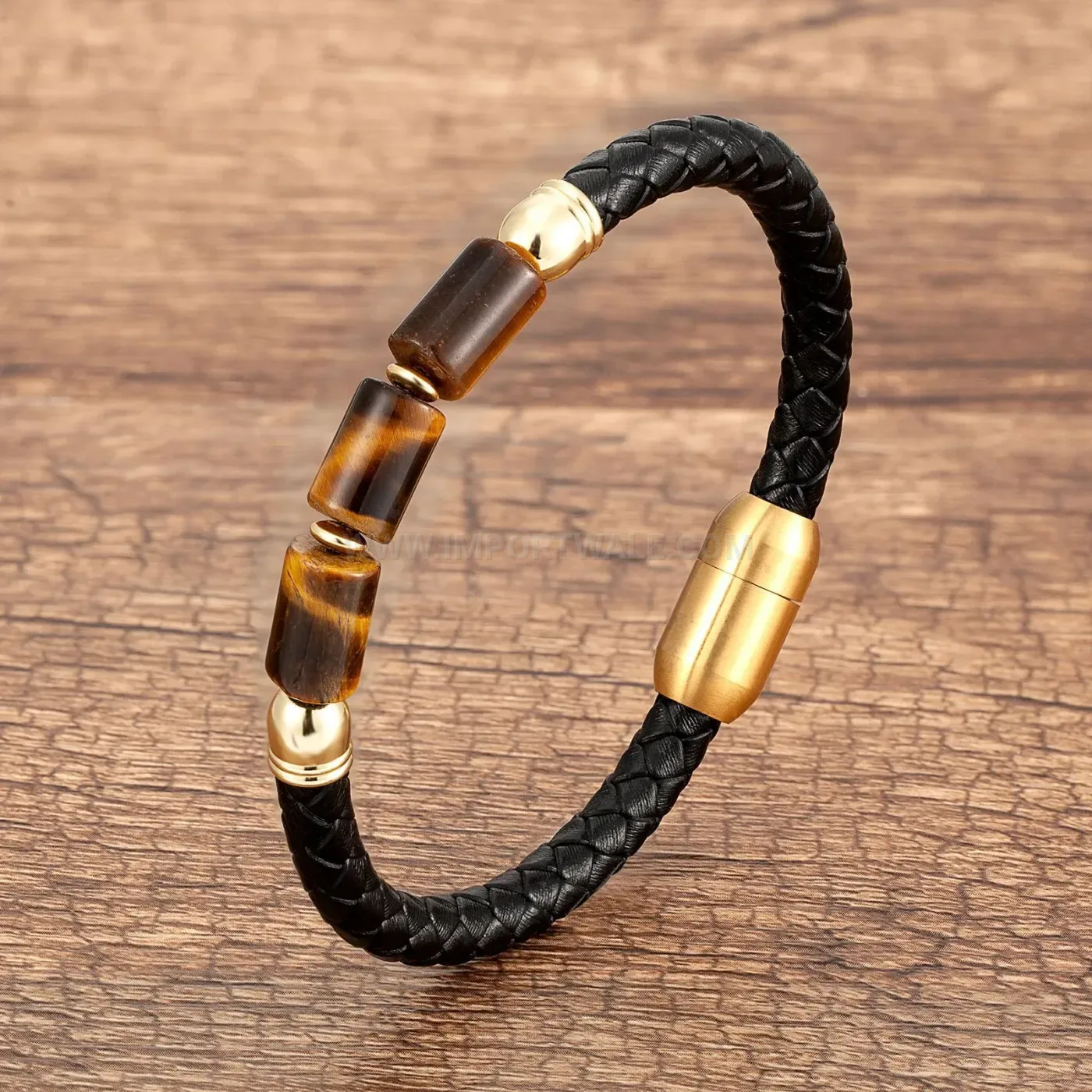 Natural Stone Cylinder Leather Bracelet with Stainless Steel Clasp