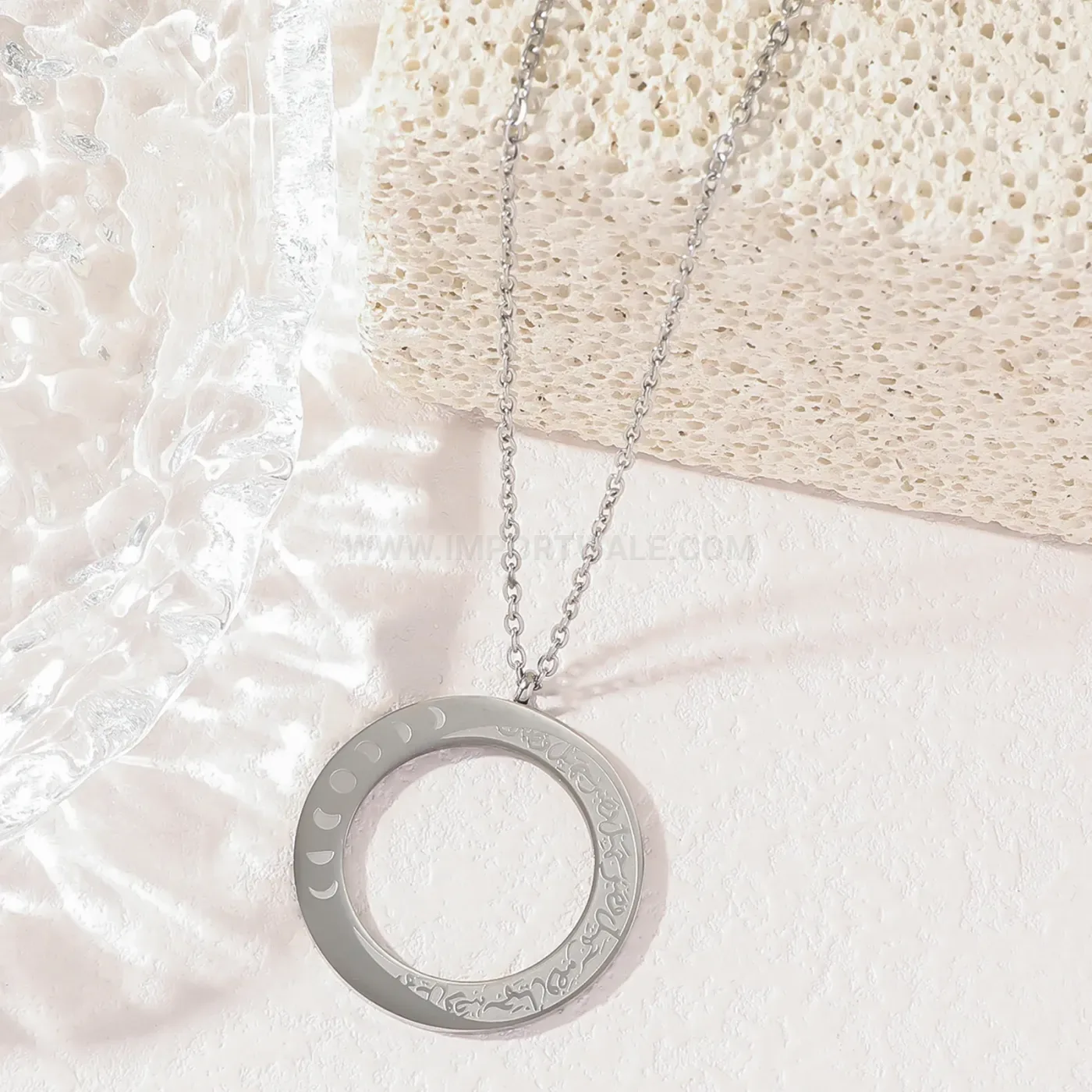 Chic Stainless Steel Crescent Moon Ayatul Kursi Religious Verse Pendant Necklace