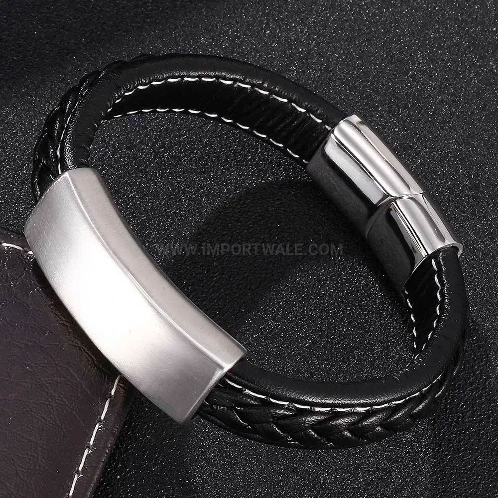 Stitched Leather Magnetic Bracelet with Polished Stainless Steel Accent