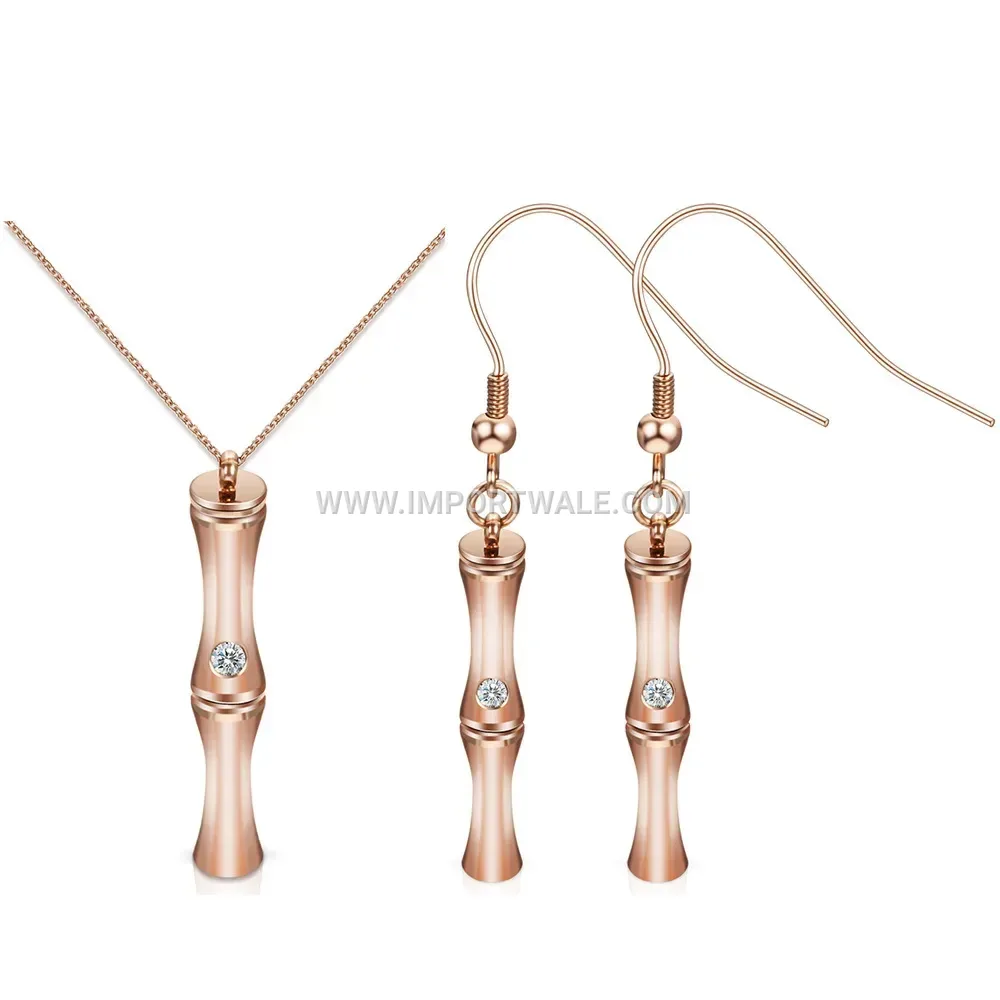 Bamboo Motif Rhinestone Pendant Necklace and Earrings Jewelry Set
