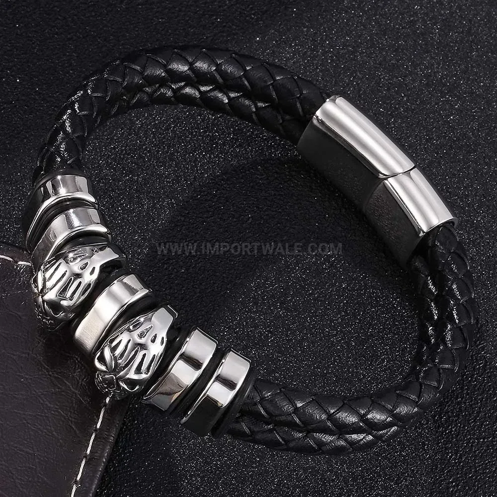 Vintage Punk Skull Stainless Steel Magnetic Clasp Braided Leather Bracelet