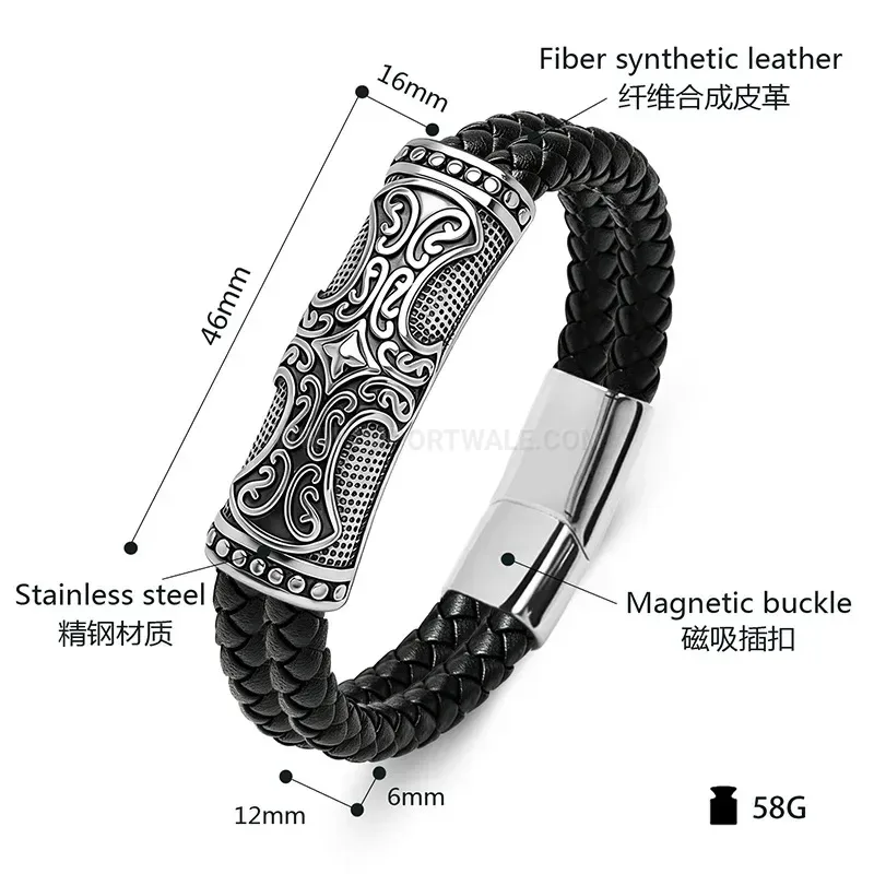 Chic Engraved Stainless Steel Contrast Leather Men Wristband