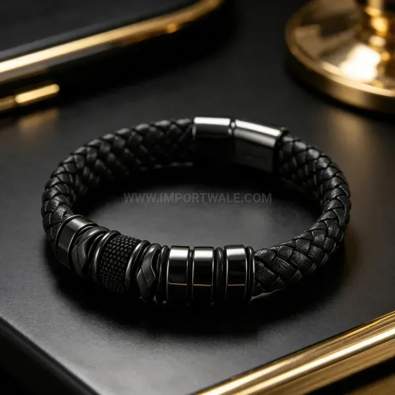 Elegant Custom Stainless Steel and Leather Beaded Magnetic Bracelet