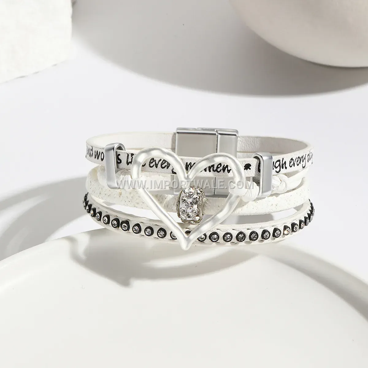 Vintage Rhinestone Heart Faux Leather Multi-Layer Wrap Bracelet
