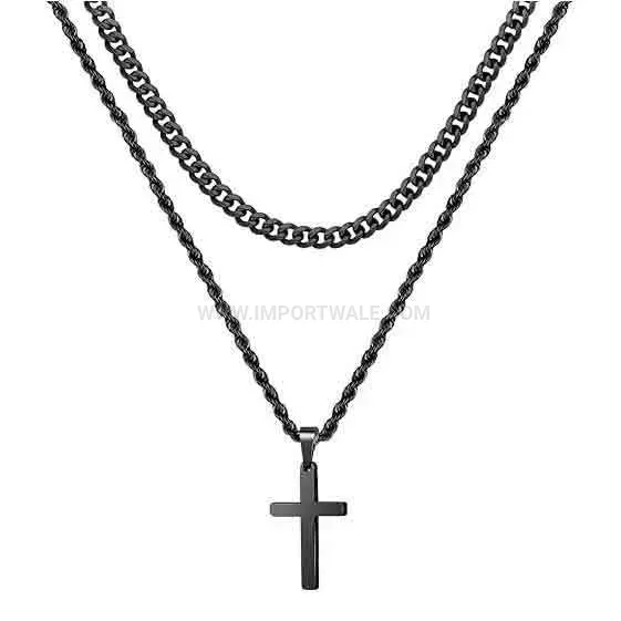 Double Layer Stainless Steel Cross Pendant Twist Chain Necklace