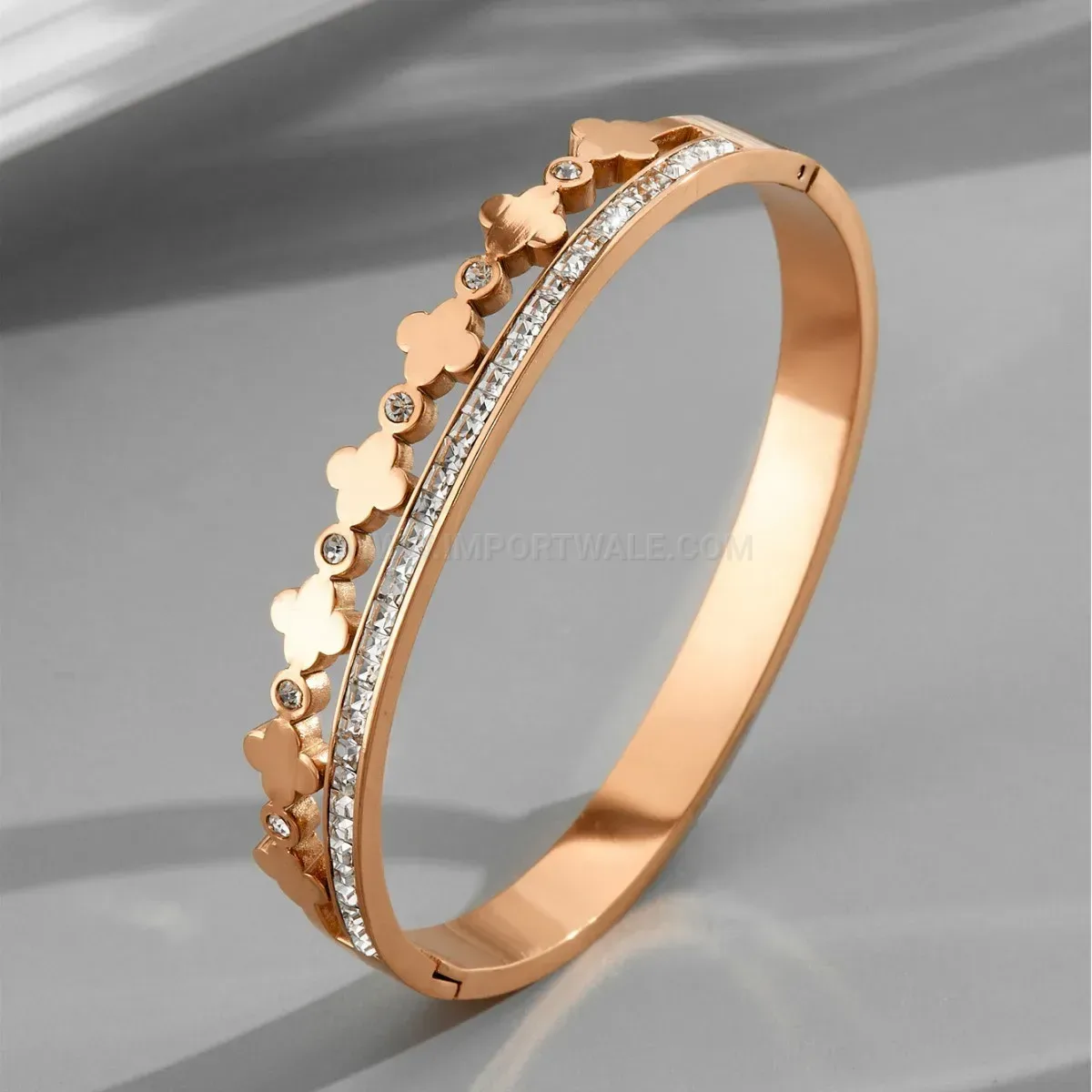 Rhinestone Four-Leaf Clover Layered Stainless Steel Bangle
