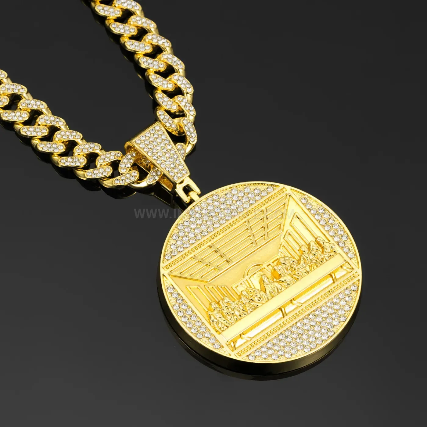 Rhinestone Disc Pendant Zinc Alloy Hip Hop Cuban Chain