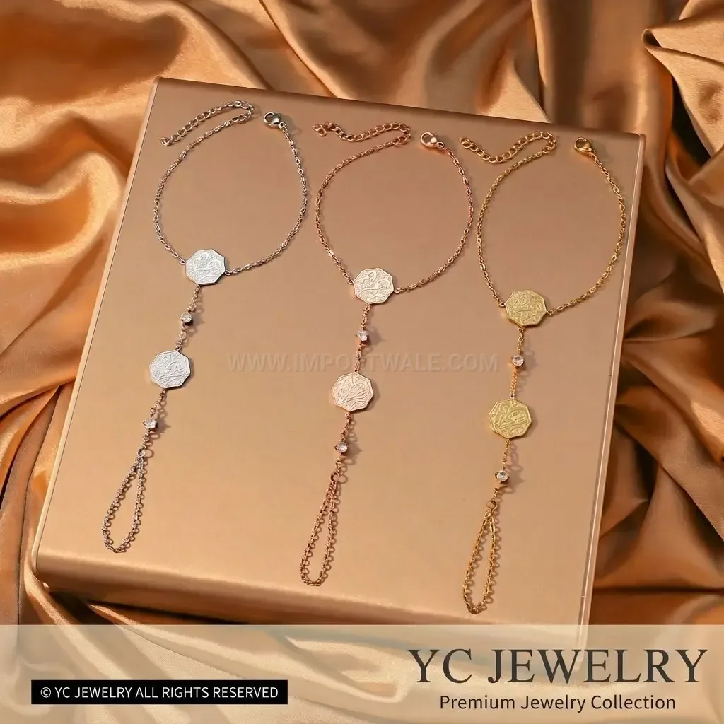Boho Stainless Steel Arabic Calligraphy Octagon Zircon Slave Chain Bracelet
