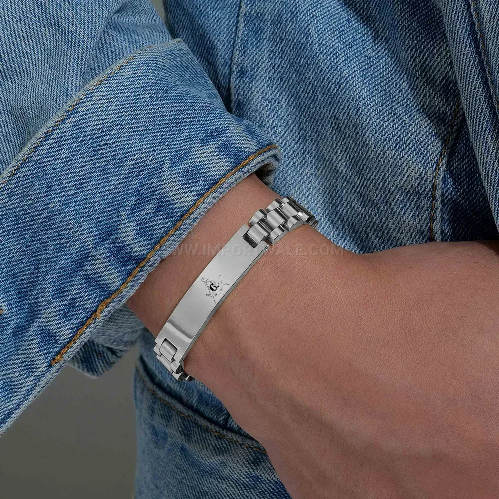 Men's Stainless Steel Masonic Curved Plate Watch Band Bracelet