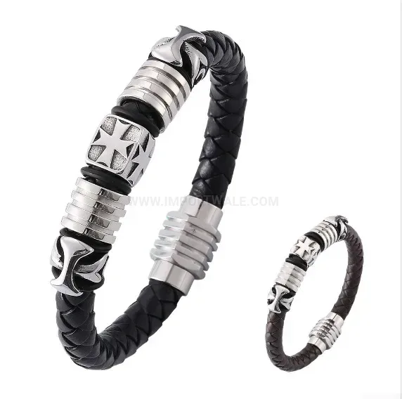 Magnetic Stainless Steel Cross Leather Braid Bracelet