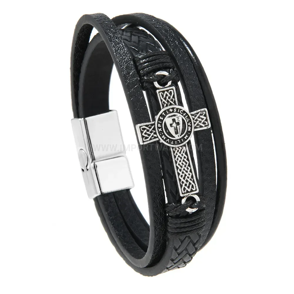Trendy Multi Layer Braided Leather Cross Accent Bracelet