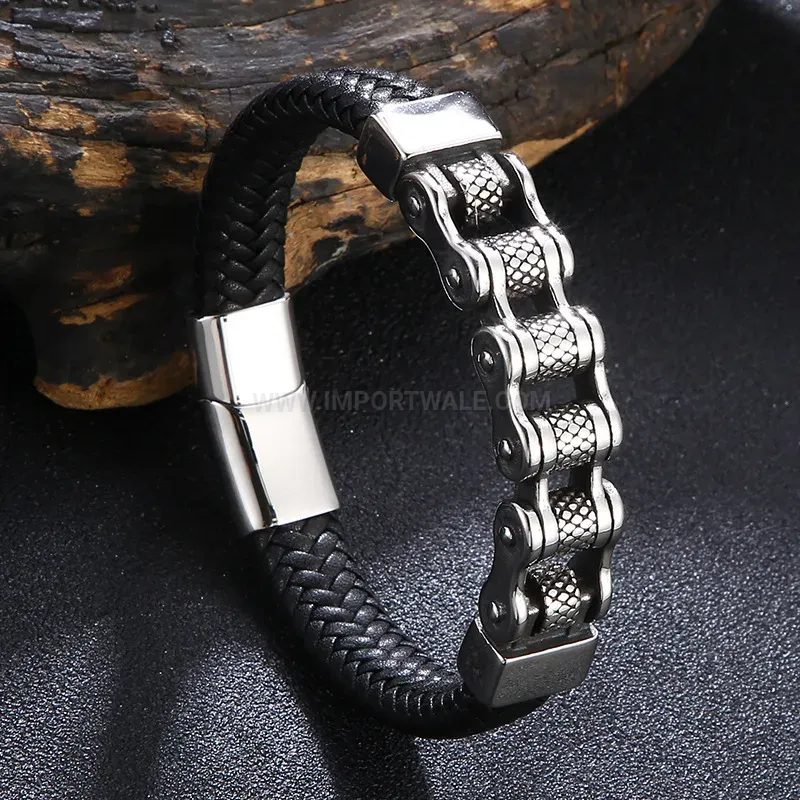 Stylish Handcrafted Braided Leather Stainless Steel Bangle