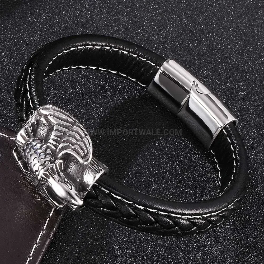 Bold Retro Braided Leather Eagle Stainless Steel Bracelet