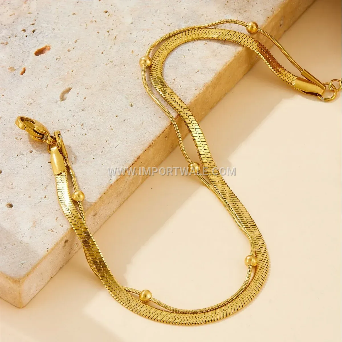 Double Layer Gold Bead and Blade Chain Anklet