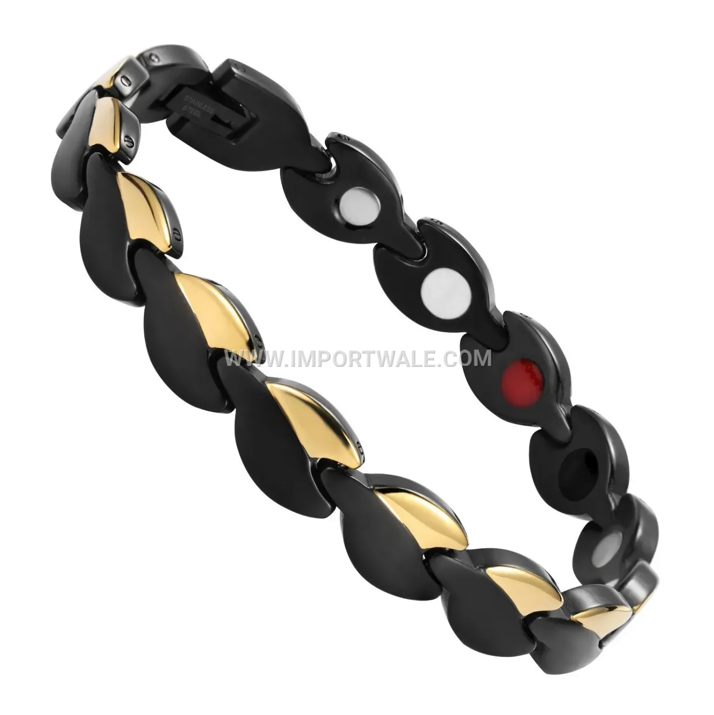 Two-Tone Stainless Steel Leaf Motif Magnetic Energy Bracelet