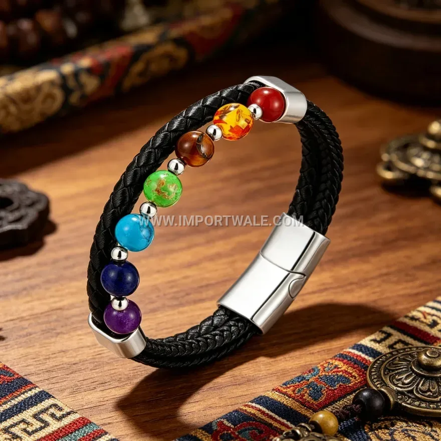 Beaded Stone Leather Band with Metallic Magnetic Closure