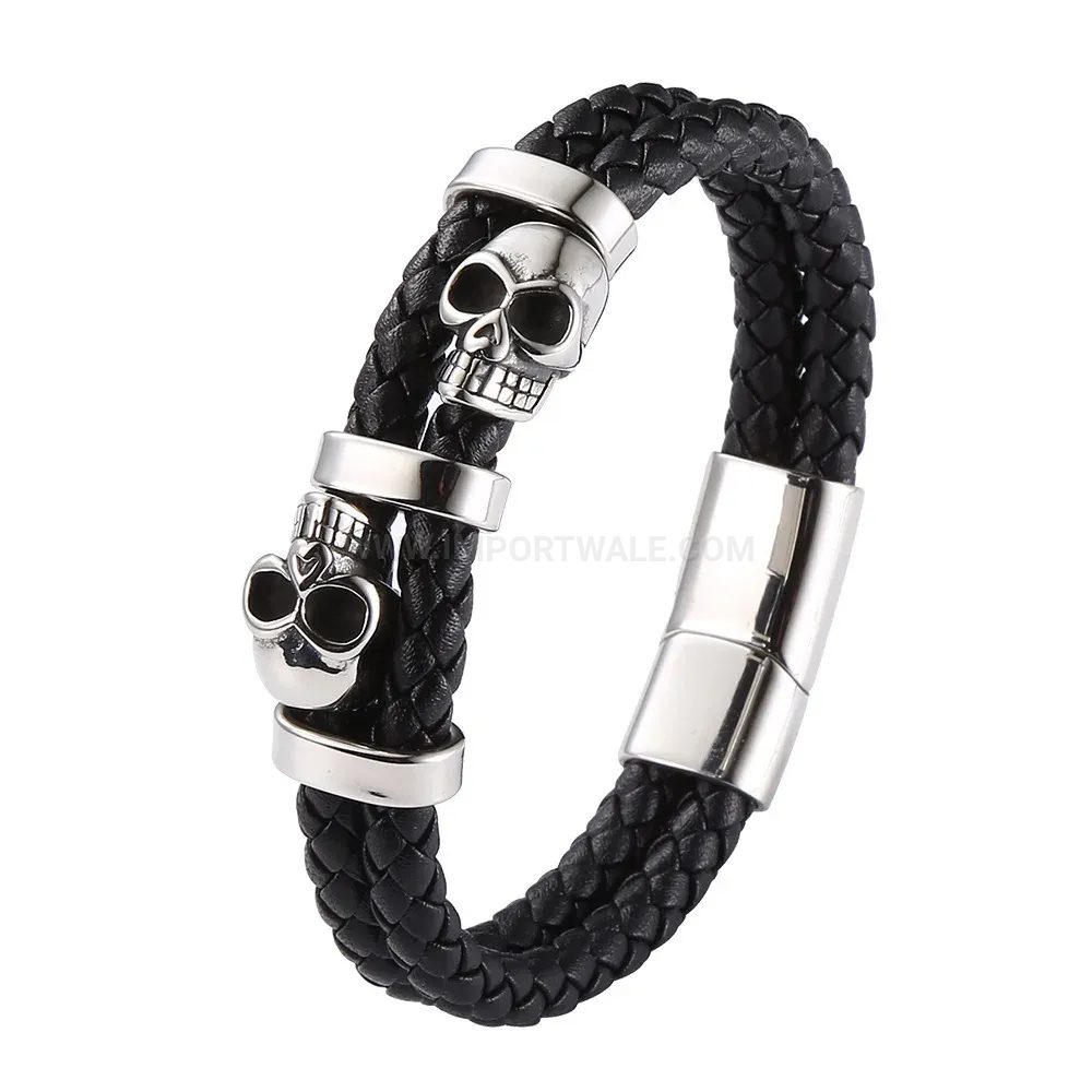 Classic Braided Leather Skull Clasp Steel Bracelet