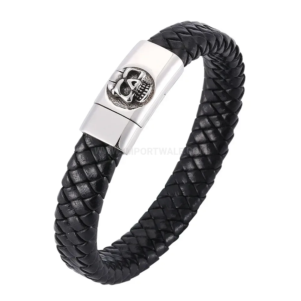 Skull Accent Braided Leather Stainless Steel Men Bracelet