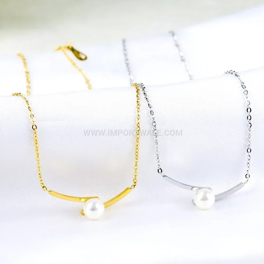 Stainless Steel Pearl Pendant Necklace with Crossover Geometric Charm