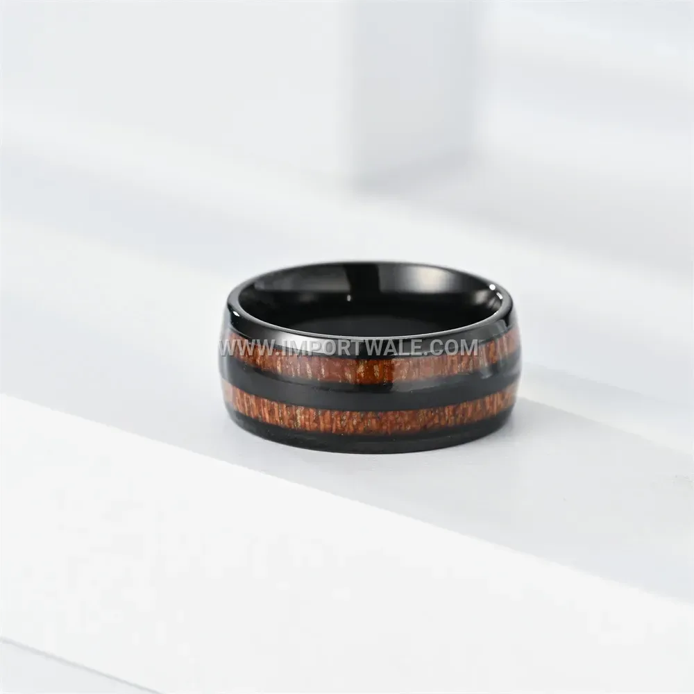 Enamel Inlaid Double Row Wood Grain Stainless Steel Ring