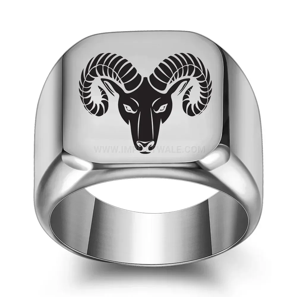 Chic Vintage Engraved Ram Head Stainless Steel Square Signet Ring