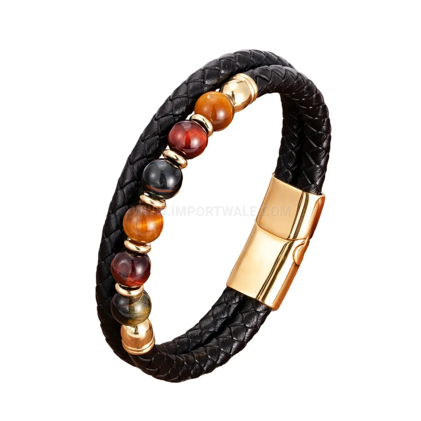Tigers Eye Bead Braided Leather Wrap Bracelet Stainless Steel