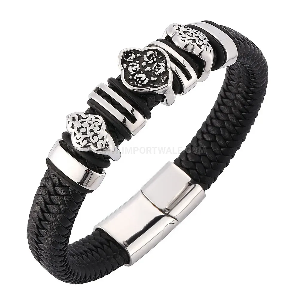 Floral Engraved Stainless Steel Magnetic Leather Wrap Bracelet